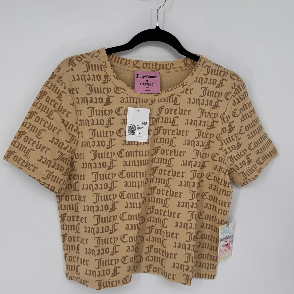 Juicy Couture Forever 21 T-Shirt Womens 0X Tan New Gothic Logo Print Crop Top